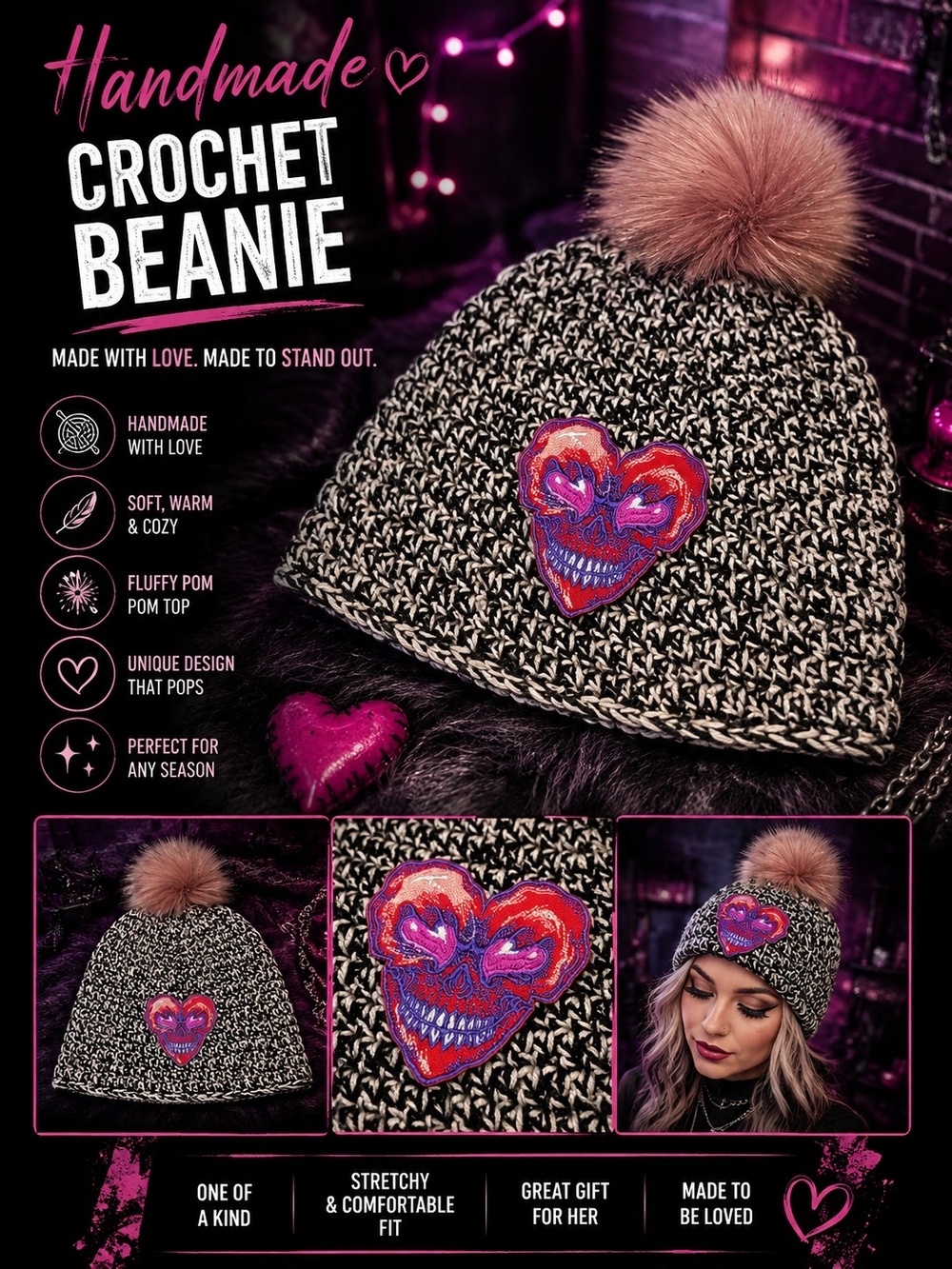 Handmade Crochet Beanie with Pink Pom & Heart Patch